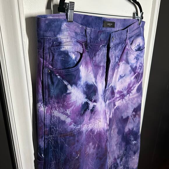 NEW Amiri Men's Cracked Tie Dye Carpenter Purple White Flare Wide Jeans Size 38 - Picture 3 of 16